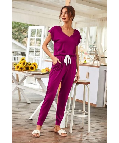 Women's Two Piece Tracksuit V Neck Short Sleeve Tops Long Pants With Drawstring Outfits Jogger Sets Purple $25.36 Activewear