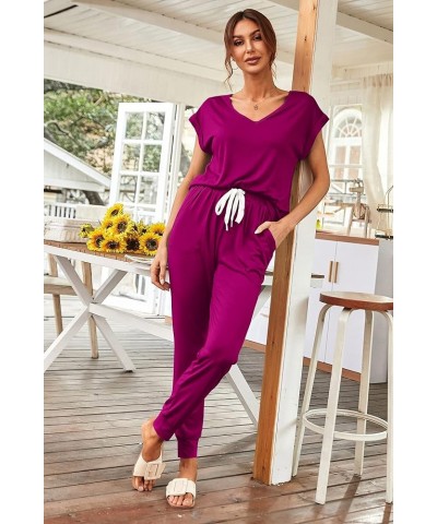 Women's Two Piece Tracksuit V Neck Short Sleeve Tops Long Pants With Drawstring Outfits Jogger Sets Purple $25.36 Activewear