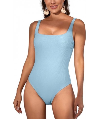 Women's One Piece Swimsuits Ribbed Tummy Control Bathing Suit Slimming Square Neck 1 Piece Swimwear Blue $16.80 Swimsuits