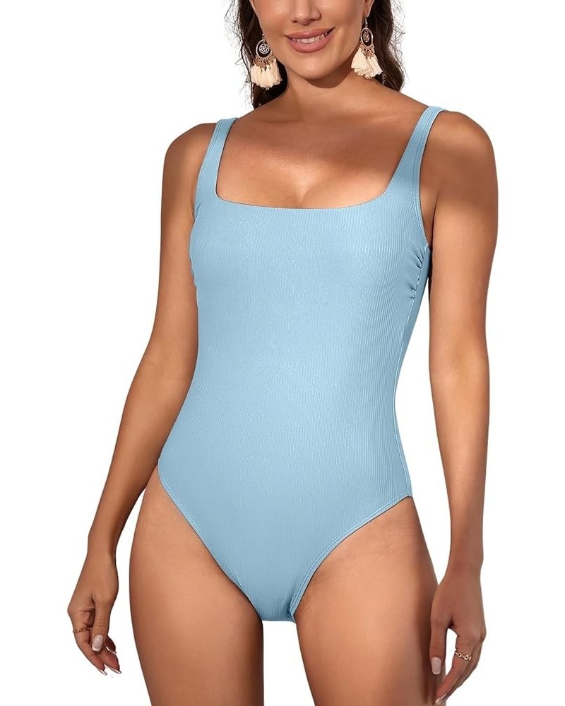 Women's One Piece Swimsuits Ribbed Tummy Control Bathing Suit Slimming Square Neck 1 Piece Swimwear Blue $16.80 Swimsuits