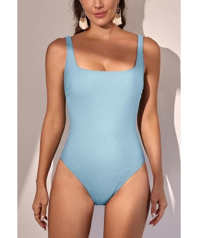 Women's One Piece Swimsuits Ribbed Tummy Control Bathing Suit Slimming Square Neck 1 Piece Swimwear Blue $16.80 Swimsuits