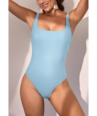 Women's One Piece Swimsuits Ribbed Tummy Control Bathing Suit Slimming Square Neck 1 Piece Swimwear Blue $16.80 Swimsuits