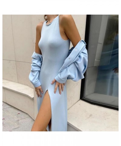 Women's Casual Tank Dress Crew Neck Sleeveless Split Thigh Bodycon A Line Midi Dress Knit Fall Dresses Sky Blue $15.94 Sweaters