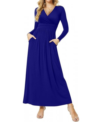 Women's Dresses Deep V-Neck Long Sleeve Empire Waist Long Dress Casual with Pockets L-royal Blue $13.44 Dresses