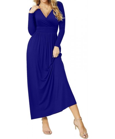 Women's Dresses Deep V-Neck Long Sleeve Empire Waist Long Dress Casual with Pockets L-royal Blue $13.44 Dresses