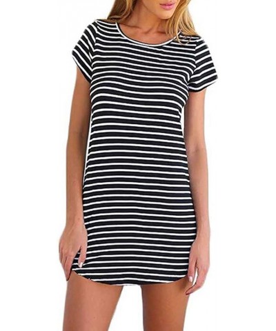 Women's Crew Neck Short Sleeve Striped Loose T-Shirt Mini Dress Black $9.60 Dresses