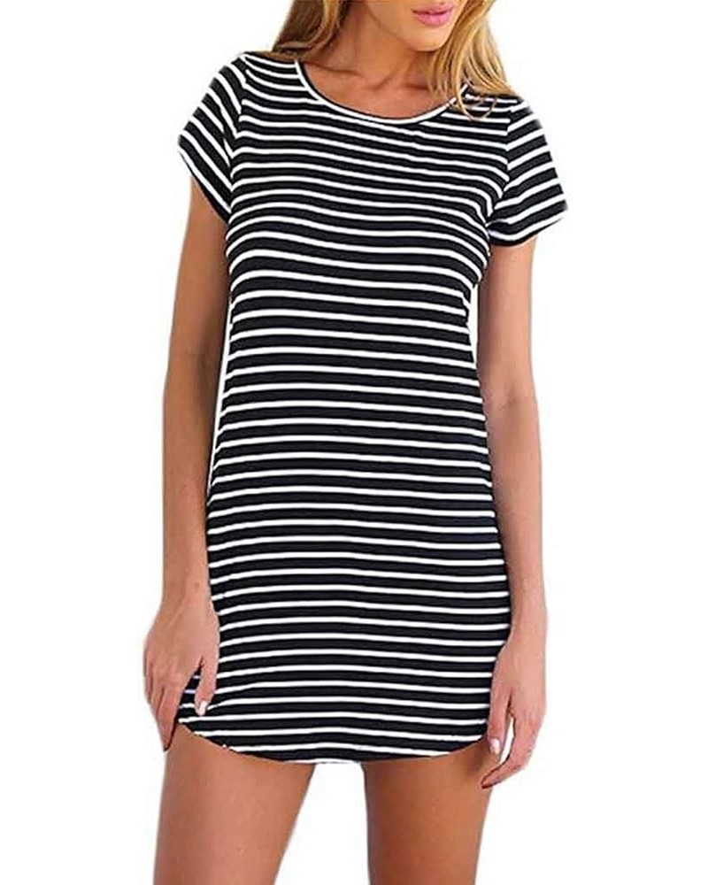 Women's Crew Neck Short Sleeve Striped Loose T-Shirt Mini Dress Black $9.60 Dresses