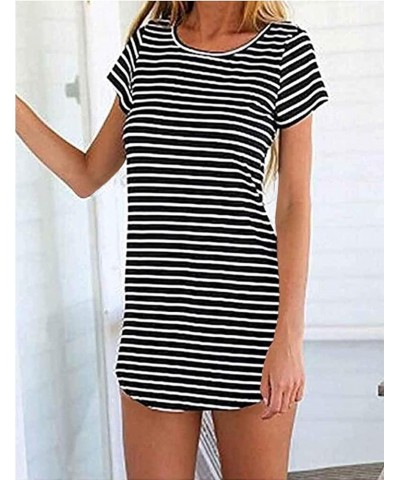 Women's Crew Neck Short Sleeve Striped Loose T-Shirt Mini Dress Black $9.60 Dresses