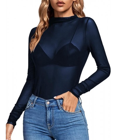 Women's Sheer Mesh See Through Mock Neck Long Sleeve Slim Fit Sexy Tee Blouse Top Navy Blue $17.39 Blouses