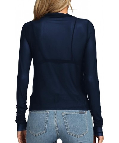 Women's Sheer Mesh See Through Mock Neck Long Sleeve Slim Fit Sexy Tee Blouse Top Navy Blue $17.39 Blouses