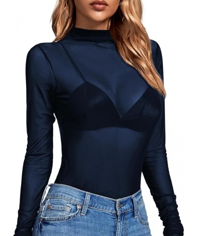 Women's Sheer Mesh See Through Mock Neck Long Sleeve Slim Fit Sexy Tee Blouse Top Navy Blue $17.39 Blouses