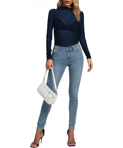 Women's Sheer Mesh See Through Mock Neck Long Sleeve Slim Fit Sexy Tee Blouse Top Navy Blue $17.39 Blouses