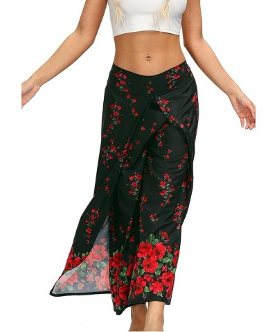 Women's Side Slit Yoga Pants Floral Print Elastic Waist and Ankles Harem Pants Black Red $10.25 Activewear