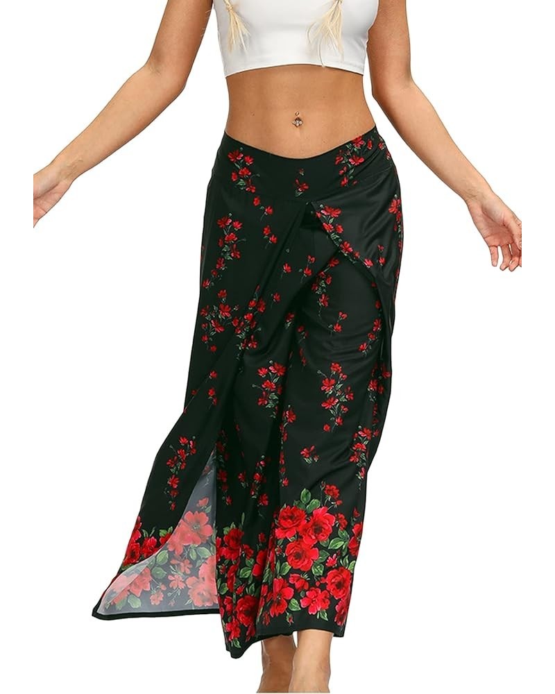 Women's Side Slit Yoga Pants Floral Print Elastic Waist and Ankles Harem Pants Black Red $10.25 Activewear