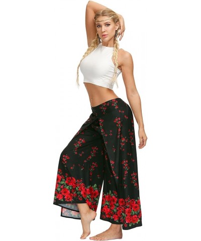 Women's Side Slit Yoga Pants Floral Print Elastic Waist and Ankles Harem Pants Black Red $10.25 Activewear