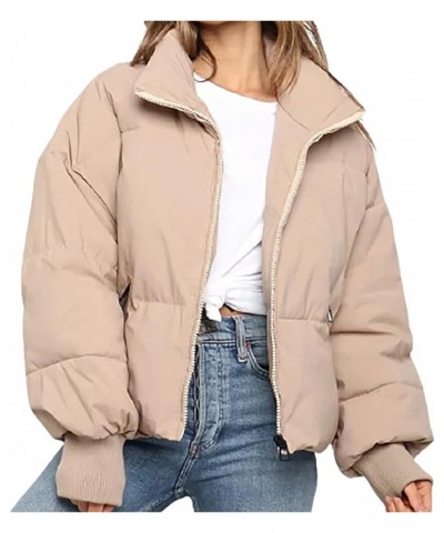 Women's Baggy Puffer Short Jacket Winter Full Zipper Cropped Down Coat Teen Girls Lightweight Quilted Jacket Outwear Khaki $3...