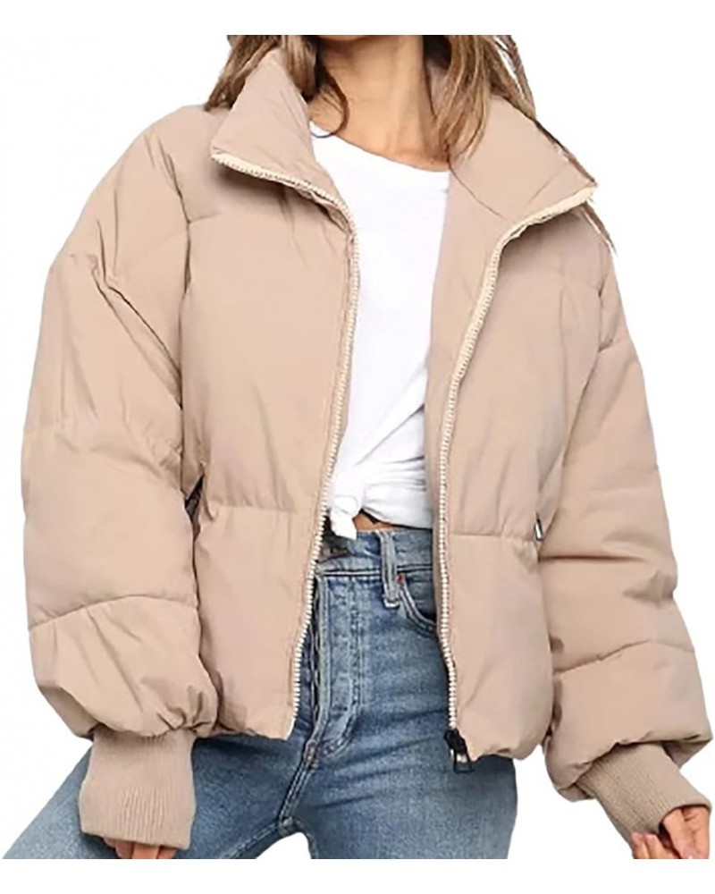 Women's Baggy Puffer Short Jacket Winter Full Zipper Cropped Down Coat Teen Girls Lightweight Quilted Jacket Outwear Khaki $3...