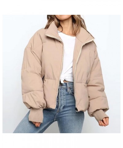 Women's Baggy Puffer Short Jacket Winter Full Zipper Cropped Down Coat Teen Girls Lightweight Quilted Jacket Outwear Khaki $3...