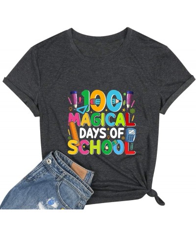 Happy 100th Day of School T-Shirt for Women Teacher T-Shirt Memory of 100th Day Funny Novelty Graphic Tee Dark Grey $7.83 T-S...