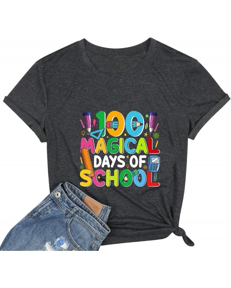 Happy 100th Day of School T-Shirt for Women Teacher T-Shirt Memory of 100th Day Funny Novelty Graphic Tee Dark Grey $7.83 T-S...