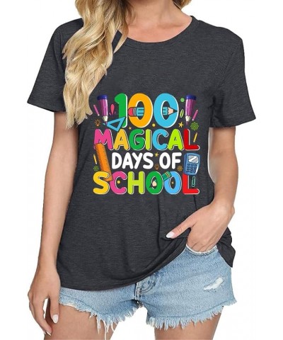 Happy 100th Day of School T-Shirt for Women Teacher T-Shirt Memory of 100th Day Funny Novelty Graphic Tee Dark Grey $7.83 T-S...