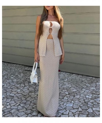 Women Crochet Knit 2 Piece Long Skirt Set Low Cut Slim Fit Crop Top Bodycon Long Skirt Cover Up Outfit Beach Wear I-apricot $...