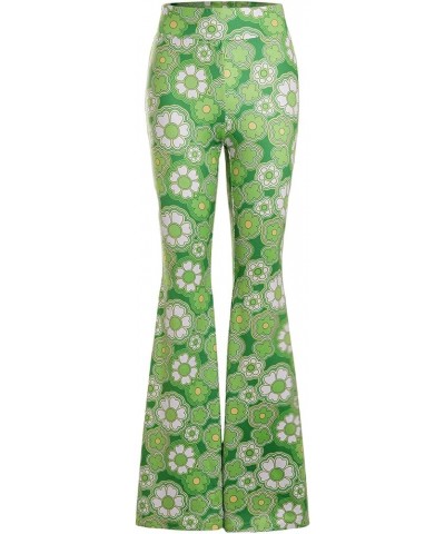 Women's Elastic High Waist Allover Print Floral Bell Bottom Flare Leg Long Pants Green Floral $13.23 Leggings