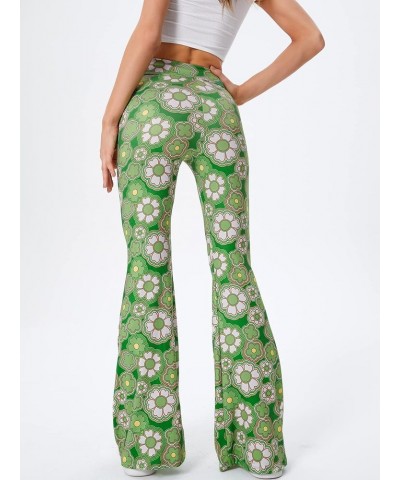 Women's Elastic High Waist Allover Print Floral Bell Bottom Flare Leg Long Pants Green Floral $13.23 Leggings