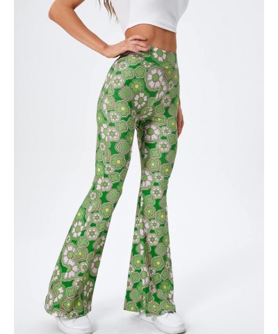 Women's Elastic High Waist Allover Print Floral Bell Bottom Flare Leg Long Pants Green Floral $13.23 Leggings