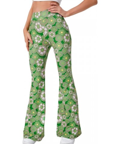 Women's Elastic High Waist Allover Print Floral Bell Bottom Flare Leg Long Pants Green Floral $13.23 Leggings