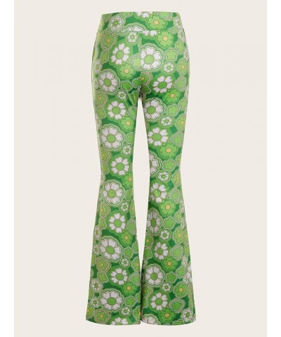 Women's Elastic High Waist Allover Print Floral Bell Bottom Flare Leg Long Pants Green Floral $13.23 Leggings