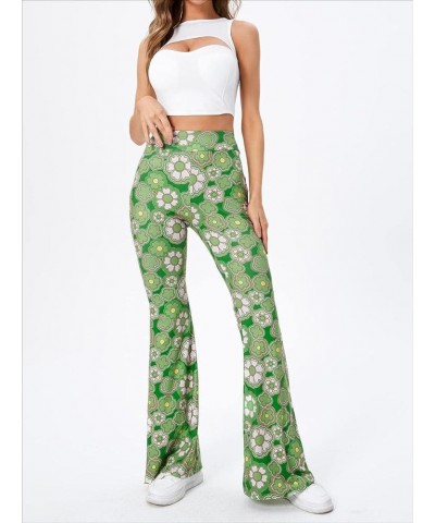 Women's Elastic High Waist Allover Print Floral Bell Bottom Flare Leg Long Pants Green Floral $13.23 Leggings