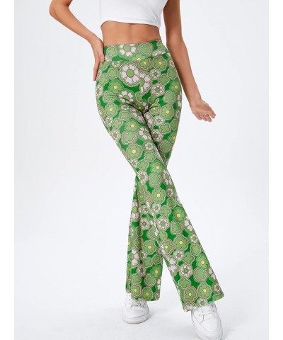 Women's Elastic High Waist Allover Print Floral Bell Bottom Flare Leg Long Pants Green Floral $13.23 Leggings