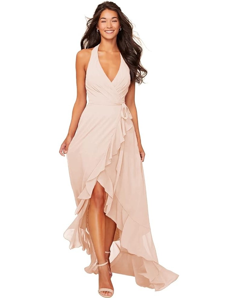 Women's Asymmetrical Wrap Halter Bridesmaid Dresses with Pockets Ruffle Chiffon Formal Party Gowns SYYS330 Blush $38.42 Dresses