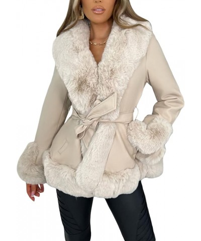 Women's Faux Leather Jacket with Faux Fur Plush Collar Thicken Warm Long Sleeve Parka Cardigan with Belt Outwear Beige 1 $23....