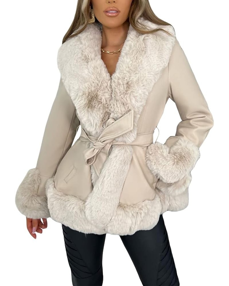 Women's Faux Leather Jacket with Faux Fur Plush Collar Thicken Warm Long Sleeve Parka Cardigan with Belt Outwear Beige 1 $23....