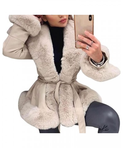 Women's Faux Leather Jacket with Faux Fur Plush Collar Thicken Warm Long Sleeve Parka Cardigan with Belt Outwear Beige 1 $23....