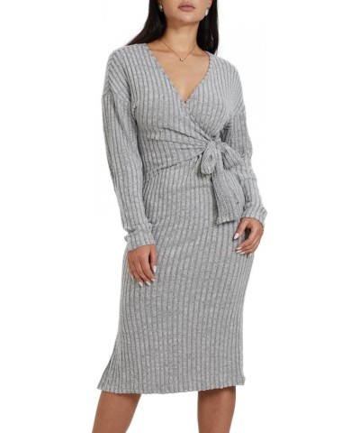 Sweater Dress Midi for Women 2023 Knee Length Long Sleeve Knit Ribbed Fitted Wrap Bodycon Dress Light Grey $13.99 Sweaters