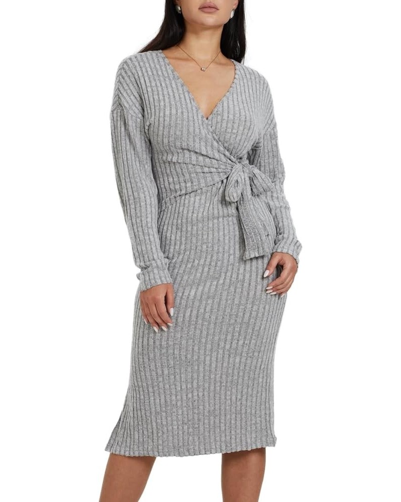 Sweater Dress Midi for Women 2023 Knee Length Long Sleeve Knit Ribbed Fitted Wrap Bodycon Dress Light Grey $13.99 Sweaters