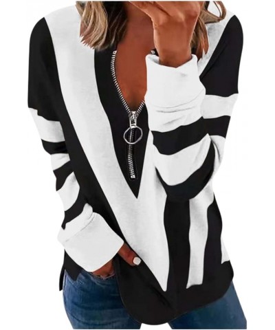 Half Zip Sweatshirt for Women Striped Color Block Long Sleeve Tshirts Casual Loose Work Pullover Tops with Zipper C-white $9....