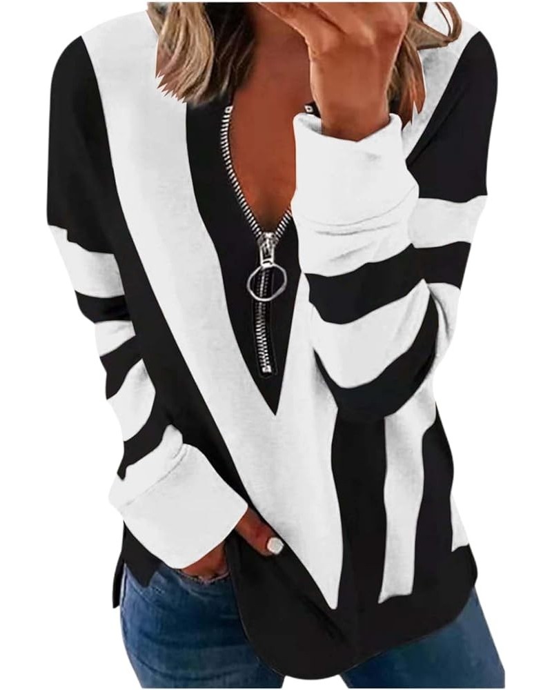 Half Zip Sweatshirt for Women Striped Color Block Long Sleeve Tshirts Casual Loose Work Pullover Tops with Zipper C-white $9....