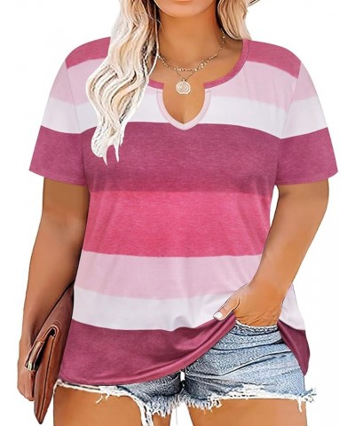 Plus Size Tops for Women Casual T-Shirt Short Sleeve Round V Neck Tunic Oversized Shirts XL-5XL A-red Stripes $12.30 Tops