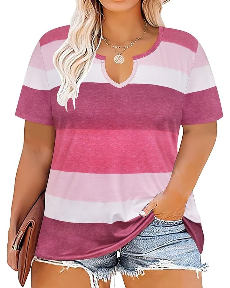 Plus Size Tops for Women Casual T-Shirt Short Sleeve Round V Neck Tunic Oversized Shirts XL-5XL A-red Stripes $12.30 Tops