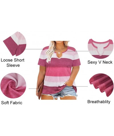 Plus Size Tops for Women Casual T-Shirt Short Sleeve Round V Neck Tunic Oversized Shirts XL-5XL A-red Stripes $12.30 Tops