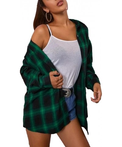 Womens Flannel Plaid Shirts Oversized Button Down Shirts Blouse Tops Dark Green $14.24 Blouses