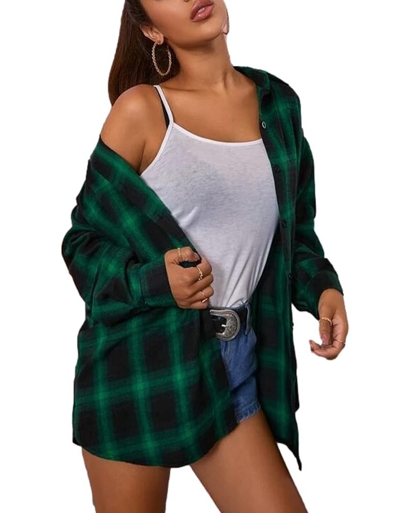 Womens Flannel Plaid Shirts Oversized Button Down Shirts Blouse Tops Dark Green $14.24 Blouses