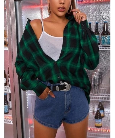 Womens Flannel Plaid Shirts Oversized Button Down Shirts Blouse Tops Dark Green $14.24 Blouses