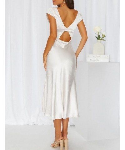 Women's Summer Satin Elegance Backless Twist Cap Sleeves Midi Dress 2023 Sexy Cowl Neck Slit Cocktail Wedding Guest Dresses W...