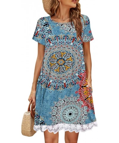 Womens Summer Casual Tshirt Dress Loose Lace Hem Short Sleeve Beach Sundresses with Pockets 01-floral Blue $16.75 Dresses