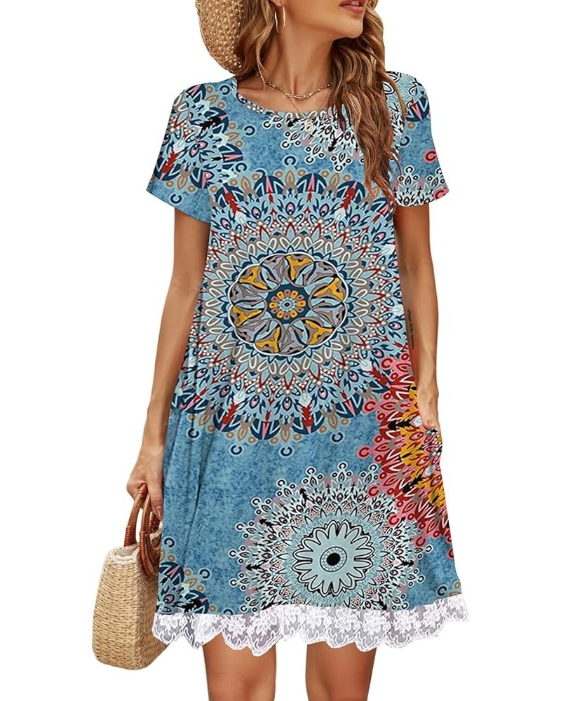 Womens Summer Casual Tshirt Dress Loose Lace Hem Short Sleeve Beach Sundresses with Pockets 01-floral Blue $16.75 Dresses